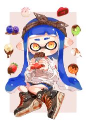 Rule 34 | 1girl, absurdres, black footwear, black shorts, blue hair, blue trim, blueberry, border, bow, brown background, brown bow, brown hairband, candy, chocolate, chocolate bar, commentary request, eating, food, fruit, full body, hairband, highres, ice cream, inkling, inkling girl, inkling player character, long hair, mochi, myon rio, nintendo, orange (fruit), orange slice, pointy ears, shoes, short shorts, shorts, simple background, sitting, solo, splatoon (series), strawberry, sweater, tentacle hair, white border, white sweater, yellow eyes