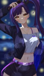 Rule 34 | 1girl, absurdres, arm up, belt, black jacket, black shorts, blue hair, breasts, closed mouth, crop top, highres, holding, holding microphone, jacket, jewelry, lilpa, long hair, looking at viewer, medium breasts, microphone, multicolored hair, navel, necklace, nvem8738, off-shoulder shirt, off shoulder, orange eyes, purple belt, shirt, shorts, side ponytail, smile, solo, stomach, streaked hair, two-sided fabric, two-sided jacket, virtual youtuber, waktaverse, white shirt