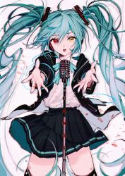 Rule 34 | 1girl, aqua hair, aqua nails, aqua ribbon, black jacket, black skirt, black thighhighs, commentary, cowboy shot, foreshortening, hair ornament, hatsune miku, headphones, heart, heterochromia, highres, hood, hooded jacket, jacket, long hair, looking at viewer, microphone, microphone stand, miniskirt, music, nail polish, neck ribbon, open mouth, outstretched arms, pleated skirt, project diva (series), reaching, reaching towards viewer, red eyes, ribbon, rumoon, shirt, silent voice (module), singing, skirt, solo, song name, standing, thighhighs, twintails, very long hair, vocaloid, white background, white shirt, yellow eyes