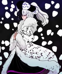 Rule 34 | 101 dalmatians, 1boy, aged down, animal print, bad id, bad pixiv id, black hair, claude frollo, coat, company connection, cosplay, crossdressing, cruella de vil, disney, fur coat, hat, male focus, marimo (yousei ranbu), multicolored hair, solo, steepled fingers, the hunchback of notre dame, two-tone hair, white hair