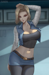 Rule 34 | 1girl, android 18, arm behind back, arm behind head, belt, black pantyhose, black shirt, blonde hair, blue eyes, blue skirt, breasts, cleavage, cropped jacket, cropped shirt, denim, denim jacket, dragon ball, dragonball z, earrings, expressionless, flowerxl, jacket, jewelry, large breasts, looking at viewer, midriff, navel, pantyhose, parted bangs, shirt, short hair, skirt, sleeveless, sleeveless jacket