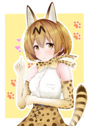 Rule 34 | 10s, 1girl, animal ears, bare shoulders, blonde hair, blush, bow, bowtie, breast pocket, cat ears, cat tail, commentary request, elbow gloves, gloves, highres, kemono friends, looking at viewer, monaka curl, paw print, paw print background, pocket, serval (kemono friends), serval print, serval tail, shirt, short hair, skirt, sleeveless, sleeveless shirt, solo, tail, upper body, white shirt, yellow eyes