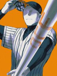 1boy adjusting_clothes adjusting_headwear arms_up baseball_bat baseball_cap baseball_jersey baseball_uniform closed_mouth colored_skin commentary hat highres holding holding_baseball_bat jersey kuroi_san12 layered_sleeves long_sleeves male_focus no_eyes off_(game) orange_background shirt short_over_long_sleeves short_sleeves simple_background solo spectre_(off) sportswear striped_clothes striped_shirt the_batter_(off) upper_body vertical-striped_clothes vertical-striped_shirt white_skin