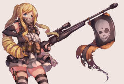 Rule 34 | 1girl, black bow, black bowtie, black gloves, blonde hair, blue eyes, bow, bowtie, center frills, combat knife, drill hair, elbow gloves, flag, frills, gloves, grey background, gun, highres, holding, holding gun, holding weapon, knife, long hair, original, ponytail, rifle, sheath, sheathed, sidelocks, single elbow glove, skirt, skull print, sleeveless, sniper rifle, solo, striped clothes, striped thighhighs, thighhighs, trigger discipline, very long hair, weapon, zipper, zz199595