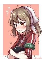 Rule 34 | 1girl, apron, armband, bandana, black apron, crossed arms, green armband, highres, jacket, kantai collection, light brown hair, michishio (kancolle), one-hour drawing challenge, red jacket, short twintails, solo, soramuko, track jacket, translation request, tray, trembling, twintails, upper body