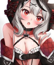 Rule 34 | 1girl, absurdres, ahoge, animal hood, bare shoulders, belt collar, black hair, blush, bow, breasts, camisole, cleavage, close-up, collar, fang, hair ornament, heart, heart necklace, highres, hololive, hood, hood up, jacket, jewelry, large breasts, looking at viewer, multicolored hair, necklace, off-shoulder jacket, off shoulder, open mouth, orca hood, plaid, plaid bow, red eyes, sakamata chloe, sei joshikou, silver hair, solo, streaked hair, upper body, virtual youtuber, white camisole, x hair ornament