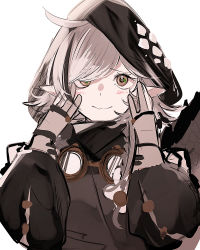 Rule 34 | 1girl, ahoge, arknights, black shirt, blush, crocodilian tail, gloves, goggles, goggles around neck, grey gloves, grey hair, highres, hood, hood up, long sleeves, looking at viewer, multicolored hair, partially fingerless gloves, shirt, short hair, simple background, sketch, smile, solo, streaked hair, tail, tetuw, tomimi (arknights), white background, yellow eyes
