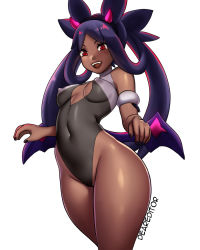 Rule 34 | 1girl, adapted costume, alternate costume, alternate hairstyle, bare shoulders, black leotard, black nails, breasts, cleavage cutout, clothing cutout, cowboy shot, creatures (company), curvy, dark-skinned female, dark skin, deareditor, fake horns, game freak, hairband, highleg, highleg leotard, horns, iris (fall 2022) (pokemon), iris (pokemon), leotard, medium breasts, nail polish, nintendo, official alternate costume, open mouth, parted bangs, pokemon, pokemon masters ex, purple hair, red eyes, shiny skin, smile, solo, standing, teeth, tongue, twintails, upper teeth only, wide hips