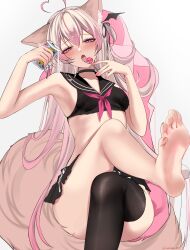 1girl absurdres acedia animal_ears annytf barefoot blonde_hair blue_eyes blush can candy crossed_legs feet food heterochromia highres indie_virtual_youtuber lollipop long_hair looking_at_viewer open_mouth pink_eyes single_thighhigh soles tail thighhighs toes virtual_youtuber