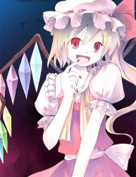 Rule 34 | 1girl, blonde hair, blouse, collared shirt, fangs, female focus, fingernails, flandre scarlet, gradient background, hair between eyes, hat, mob cap, nonaka yuu, open mouth, ponytail, red eyes, sharp fingernails, shirt, solo, standing, touhou, white hat, white shirt, wings