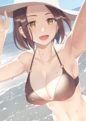 Rule 34 | 1girl, :d, armpits, arms up, bikini, black bikini, blush, breasts, brown eyes, brown hair, cleavage, collarbone, day, dutch angle, forehead, hand on headwear, hat, highres, kitazawa (embers), large breasts, looking at viewer, md5 mismatch, navel, ocean, open mouth, original, outdoors, resolution mismatch, short hair, smile, solo, source smaller, sun hat, sweat, swimsuit, upper body, water, white hat, yellow eyes