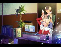 Rule 34 | 10s, 2boys, animal ears, barnaby brooks jr., blonde hair, book, brown hair, rabbit ears, cabbie hat, computer, desk, closed eyes, facial hair, glasses, green eyes, hat, indoors, jacket, jewelry, kaburagi t. kotetsu, keyboard (computer), letterboxed, male focus, mirror, multiple boys, necklace, necktie, pepsi, pkyu, plant, red jacket, short hair, signature, stubble, stuffed animal, stuffed rabbit, stuffed tiger, stuffed toy, tiger &amp; bunny, upper body, vest, waistcoat