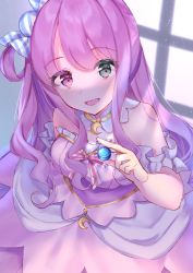Rule 34 | 1girl, :d, bare shoulders, candy, dress, food, frilled dress, frills, green eyes, hair ornament, heterochromia, highres, himemori luna, himemori luna (1st costume), holding, holding food, hololive, indoors, kasumillust, long hair, looking at viewer, off-shoulder dress, off shoulder, open mouth, pink dress, pink eyes, pink hair, smile, solo, virtual youtuber