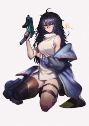 Rule 34 | 1girl, bandaid, bandaid on face, bandaid on nose, bare shoulders, black hair, black thighhighs, c-ms (girls&#039; frontline), cbj-ms, coat, dress, extended magazine, foregrip, full body, girls&#039; frontline, gun, handgun, highres, holding, holding gun, holding weapon, jin rou, knee pads, kneeling, long hair, looking at viewer, machine pistol, messy hair, mole, mole under eye, off shoulder, open clothes, open coat, personal defense weapon, pistol, red eyes, single thighhigh, sleeves past wrists, solo, submachine gun, thigh strap, thighhighs, very long hair, weapon, weapon request, white dress, zipper