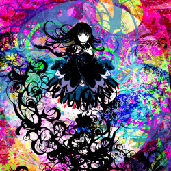 Rule 34 | 1girl, abstract, black hair, colorful, dress, expressionless, floating hair, flower, kazaana, long hair, looking at viewer, looking up, original, psychedelic, solo, standing