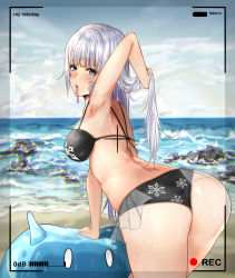 Rule 34 | 1girl, absurdres, alternate costume, artist request, ass, ayaka (genshin impact), bare shoulders, bikini, blue eyes, blush, breasts, from behind, genshin impact, hair tie, highres, leaning, leaning forward, long hair, looking at viewer, looking back, medium breasts, monster, see-through, see-through silhouette, see-through skirt, shiny skin, sideboob, silver hair, skirt, slime (genshin impact), swimsuit, very long hair