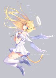 Rule 34 | 1girl, animal ears, bad id, bad pixiv id, bandaged hand, bandages, bare shoulders, blue eyes, blush, cat ears, cat tail, dress, frilled dress, frills, from side, full body, grey background, grey footwear, halo, heart, holding, long hair, looking at viewer, looking to the side, off-shoulder dress, off shoulder, original, ribbon, sacraneco, scarf, shoes, simple background, solo, sparkle, tail, tail ornament, tail ribbon, tareme, thigh strap, thighhighs, watermark, web address, white dress, white ribbon, white scarf, white thighhighs