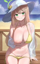 Rule 34 | 1girl, absurdres, beach, bikini, blue archive, blush, breasts, cleavage, collarbone, cowboy shot, day, female pubic hair, green eyes, green halo, grin, groin, halo, hat, highres, jacket, large breasts, light brown hair, long hair, long sleeves, looking at viewer, navel, nipples, nonomi (blue archive), nonomi (swimsuit) (blue archive), ocean, official alternate costume, open clothes, open jacket, outdoors, pubic hair, rottenpizza, see-through, see-through sleeves, side-tie bikini bottom, sitting, smile, solo, swimsuit, white hat, white jacket, yellow bikini