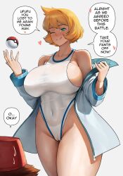 Rule 34 | 1boy, 1girl, abs, back, bare legs, bikini, blush, breasts, brown hair, cameltoe, closed mouth, covered navel, cowboy shot, creatures (company), english text, ethan69 (anhuzart), game freak, green eyes, heart, hetero, highres, huge breasts, jacket, large breasts, legs, licking lips, misty (pokemon), navel, nintendo, one-piece swimsuit, one eye closed, orange hair, pokemon, pokemon hgss, pussy, red (pokemon), short hair, smile, solo focus, speech bubble, spoken heart, swimsuit, thick thighs, thighs, tongue, tongue out, wink