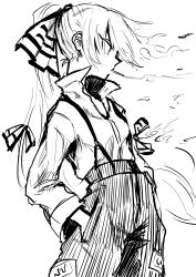 Rule 34 | 1girl, absurdres, bow, cigarette, collared shirt, commentary, from side, fujiwara no mokou, ginger ale (syouga 6383), greyscale, hair bow, hands in pockets, highres, long hair, long sleeves, monochrome, ofuda, ofuda on clothes, pants, ponytail, shirt, simple background, sketch, smoking, solo, touhou, very long hair