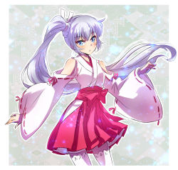 Rule 34 | 1girl, alternate costume, blue eyes, blush, commentary request, cowboy shot, detached sleeves, dress, eye beam, floating hair, hakama, hakama short skirt, hakama skirt, highres, iesupa, japanese clothes, long hair, looking at viewer, miko, parted lips, rwby, scar, scar across eye, scar on face, side ponytail, skirt, sleeveless, sleeveless dress, solo, sparkle, thighhighs, very long hair, weiss schnee, white hair, white thighhighs, wide sleeves, zettai ryouiki