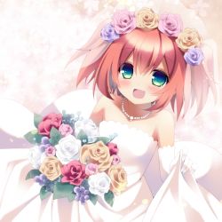 Rule 34 | 10s, 1girl, :d, bad id, bad pixiv id, bare shoulders, blush, bouquet, brown hair, clothes lift, dress, dress lift, flower, gloves, green eyes, hair flower, hair ornament, holding, jewelry, kaitou tenshi twin angel, kanora, looking at viewer, minazuki haruka (twin angel), necklace, open mouth, purple flower, purple rose, red flower, red rose, rose, skirt hold, smile, solo, strapless, strapless dress, twin angel, wedding dress, white dress, white flower, white gloves, white rose, yellow flower, yellow rose