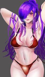 Rule 34 | 1girl, alternate costume, armpits, bikini, blush, fire emblem, fire emblem: three houses, fire emblem warriors: three hopes, hair bun, hair flowing over, hair over one eye, highres, jack (kairuhaido), lips, long hair, looking at viewer, nail polish, navel, nintendo, parted lips, photoshop (medium), purple eyes, purple hair, red bikini, shez (female) (fire emblem), shez (fire emblem), solo, swimsuit, teeth, upper teeth only, wet, wet hair