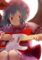 Rule 34 | 1girl, blue hair, bow, dress, electric guitar, fender telecaster, guitar, hat, hat ribbon, highres, holding, holding instrument, instrument, mob cap, music, playing instrument, plectrum, red eyes, remilia scarlet, ribbon, short hair, short sleeves, sitting, smile, solo, touhou, wings, wrist cuffs, yamamoto suzume