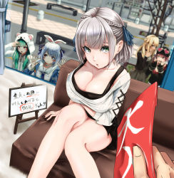 1boy 5girls bare_legs blonde_hair blue_hair breasts cleavage couch eyewear_on_head from_above gami_pineapple green_eyes green_hair grey_hair heart heart-shaped_eyewear heterochromia highres hololive houshou_marine large_breasts looking_at_viewer multiple_girls orange_eyes pov pov_hands red_eyes red_hair shiranui_flare shirogane_noel sitting sunglasses sweater uruha_rushia usada_pekora virtual_youtuber window yellow_eyes