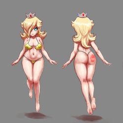 Rule 34 | 1girl, anklet, ass, ass tattoo, awesomeerix, bikini, blonde hair, borrowed design, bright pupils, brooch, crown, earrings, floating, from behind, grey background, hair over one eye, highres, jewelry, lips, long hair, mario (series), multiple views, navel, nintendo, rosalina, smile, star-shaped bikini, star-shaped pupils, star (symbol), super mario galaxy, swimsuit, symbol-shaped pupils, tattoo, white pupils