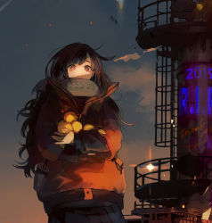 Rule 34 | 1girl, apple, black hair, black skirt, closed mouth, cowboy shot, food, fruit, highres, kukka, long hair, looking at viewer, nail polish, night, original, outdoors, red eyes, rest in peace (phrase), skirt, smile, solo, standing, yellow nails