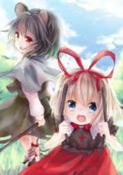 Rule 34 | 2girls, animal ears, basket, blonde hair, blue eyes, blue sky, bow, capelet, cloud, day, dowsing rod, dqn (dqnww), female focus, gem, grey hair, hair bow, headpat, highres, jewelry, medicine melancholy, mouse (animal), mouse ears, mouse tail, multiple girls, nazrin, necklace, open mouth, pendant, red eyes, shirt, short hair, skirt, skirt set, sky, smile, su-san, tail, touhou
