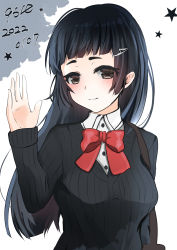 Rule 34 | 1girl, 9610 (kuroto), absurdres, alternate costume, alternate hairstyle, black hair, black sweater, bow, bowtie, brown eyes, collared shirt, commentary request, hair down, highres, kantai collection, long hair, myoukou (kancolle), one-hour drawing challenge, red bow, red bowtie, ribbed sweater, shirt, solo, sweater, white shirt