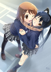 Rule 34 | 00s, 2girls, blush, cheek-to-cheek, female focus, from above, heads together, hirasawa yui, imminent kiss, k-on!, looking up, multiple girls, nakano azusa, nashigo, one eye closed, open mouth, pantyhose, plaid, plaid scarf, plaid skirt, road, scarf, shared clothes, shared scarf, skirt, street, wink, yuri