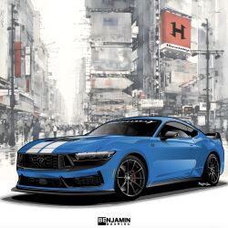 Rule 34 | artist name, benjamin (user scjv3278), blue car, car, city, ford, ford mustang, highres, motor vehicle, original, outdoors, people, race vehicle, utility pole