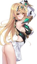 Rule 34 | 1girl, armpits, ass, blonde hair, breasts, highres, long hair, looking at viewer, matrix16, mythra (xenoblade), no panties, sideboob, simple background, solo, swept bangs, thighs, white background, xenoblade chronicles (series), xenoblade chronicles 2, yellow eyes