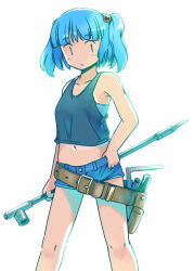 Rule 34 | 1girl, :/, bare arms, bare legs, bare shoulders, belt, bloom, blue eyes, blue hair, blunt bangs, breasts, casual, closed mouth, collarbone, commentary request, denim, denim shorts, expressionless, feet out of frame, hair bobbles, hair ornament, hand on own hip, holding, holding industrial pipe, holding stick, industrial pipe, kawashiro nitori, legs apart, looking at viewer, midriff, navel, no headwear, rangycrow, short hair, short shorts, shorts, sidelighting, small breasts, solo, standing, stick, tank top, tool belt, touhou