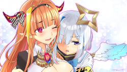 Rule 34 | 2girls, ahoge, amane kanata, angel, angel wings, armband, asymmetrical hair, black hairband, black jacket, blonde hair, blue hair, blue neckwear, blue wings, blunt bangs, blush, bow, bowtie, braid, breasts, brooch, chain necklace, cleavage, cleavage cutout, clothing cutout, collared shirt, colored inner hair, commentary request, diagonal-striped bow, dragon girl, dragon horns, eyes visible through hair, feathered wings, gem, gradient eyes, gradient wings, hair between eyes, hairband, halo, highres, hololive, horn bow, horn ornament, horns, hug, jacket, jewelry, kiryu coco, kiryu coco (1st costume), large breasts, long hair, looking away, mei (abliss), multicolored eyes, multicolored hair, multicolored wings, multiple girls, necklace, open mouth, orange hair, pink hair, pointy ears, purple eyes, purple outline, red eyes, sailor collar, shirt, short hair, side braid, silver hair, single braid, single hair intake, slit pupils, star halo, streaked hair, striped, striped bow, turtleneck, twitter username, upper body, virtual youtuber, white shirt, white wings, wings
