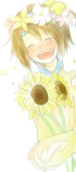 Rule 34 | 1girl, blush, breasts, brown hair, dress, closed eyes, flower, hair ornament, norma beatty, open mouth, short hair, sunflower, tales of (series), tales of legendia