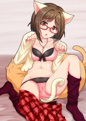 Rule 34 | 1girl, animal ears, bed, bed sheet, blush, bow, bow bra, bow panties, bra, breasts, brown hair, cameltoe, cat ears, cat tail, cleavage, collarbone, cowboy shot, fang, glasses, green eyes, head tilt, idolmaster, idolmaster cinderella girls, jewelry, looking at viewer, lying, maekawa miku, momoda yasuhito, navel, necklace, on back, open clothes, panties, paw pose, pink bra, pink panties, plaid, plaid skirt, pleated skirt, purple thighhighs, reclining, red-framed eyewear, red skirt, short hair, skirt, skirt around one leg, sleeves past wrists, tail, thighhighs, thighhighs pull, underwear