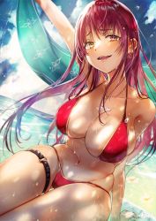 Rule 34 | 1girl, beach, bikini, breasts, day, dutch angle, earrings, gluteal fold, heterochromia, highres, hololive, houshou marine, houshou marine (summer), jewelry, killy doodle, large breasts, long hair, looking at viewer, navel, necklace, o-ring, o-ring thigh strap, red bikini, red hair, solo, swimsuit, thigh strap, virtual youtuber, water, wet