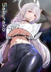 1girl alternate_costume arm_up black_pants blue_archive blush breasts character_name commentary_request crop_top crop_top_overhang cropped_shirt earpiece from_below grey_hair hair_between_eyes halo highres joacy korean_commentary large_breasts latex_pants long_sleeves looking_at_viewer navel pants purple_eyes sakurako_(blue_archive) solo stomach sweat underboob