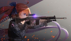 Rule 34 | 1girl, ahoge, alternate costume, armor, battle rifle, black gloves, blonde hair, blue bow, blue eyes, bow, breastplate, breasts, camouflage, camouflage jacket, character name, covered mouth, fal (girls&#039; frontline), floating hair, fn fal, fur-trimmed jacket, fur trim, girls&#039; frontline, gloves, gun, holding, holding gun, holding weapon, jacket, kyoungi nyang, lens flare, light particles, long hair, long sleeves, looking afar, ribbon, rifle, scope, serious, shotgun, side ponytail, sidelocks, solo, tactical clothes, very long hair, vest, weapon