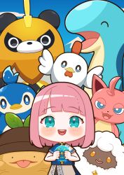 Rule 34 | 1girl, :d, absurdres, bird, blue eyes, blush, cat, cattiva, chibi, chicken, chikipi, gumoss, highres, hiruno isu, holding, lamball, looking at viewer, mossanda lux, no nose, open mouth, pal (creature), pal sphere, palworld, penguin, pengullet, pink hair, player character (palworld), relaxaurus, round teeth, sheep, short hair, smile, straight-on, teeth, upper teeth only