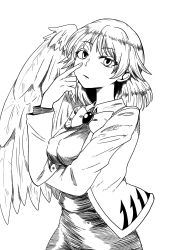 Rule 34 | 1girl, absurdres, bow, bowtie, breasts, covered erect nipples, cowboy shot, feathered wings, greyscale, hand up, highres, himajin noizu, jacket, kishin sagume, long sleeves, looking at viewer, medium breasts, monochrome, open clothes, open jacket, parted lips, short hair, simple background, single wing, solo, touhou, white background, wings