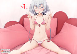 Rule 34 | 1girl, bare shoulders, bed, bed sheet, bikini, black ribbon, blush, breasts, closed eyes, dot nose, double v, facing viewer, feet out of frame, female focus, groin, hair ornament, hair ribbon, hands up, heart, hypnosis, konno junko, long twintails, mind control, navel, on bed, open mouth, patreon logo, patreon username, pillow, pussy juice, red bikini, ribbon, short hair, side-tie bikini bottom, silver hair, sitting, small breasts, smile, solo, spread legs, striped bikini, striped clothes, swimsuit, teeth, twintails, underboob, upper teeth only, v, vahn yourdoom, watermark, web address, zombie land saga