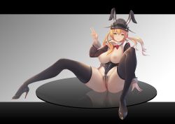 Rule 34 | 1girl, animal ears, black footwear, black thighhighs, blonde hair, breasts, fake animal ears, female pubic hair, green eyes, hat, high heels, highres, inverted nipples, kantai collection, large breasts, leotard, long hair, long sleeves, peaked cap, playboy bunny, prinz eugen (kancolle), pubic hair, rabbit ears, reflection, reflective floor, sitting, solo, spread legs, thighhighs, twintails, v, xionghan de guangtou