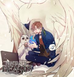 Rule 34 | 1boy, animal, bird, bow, bowtie, bowtruckle, brown hair, candy, coat, copyright name, demiguise, egg, fantastic beasts and where to find them, feathered wings, feathers, food, green eyes, haell003, harry potter (series), leaf, male focus, newt scamander, niffler, occamy, sitting, sparkle, teeth, thunderbird (fantastic beast), wand, wings, wizarding world