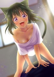 Rule 34 | 1girl, :d, absurdres, animal ears, bare legs, bedroom, blurry, blush, bottomless, breasts, cat ears, cat tail, cleavage, collarbone, dark-skinned female, dark skin, depth of field, dutch angle, eyelashes, fangs, fingernails, green hair, hair intakes, highres, idolmaster, idolmaster cinderella girls, indoors, kemonomimi mode, leaning forward, light particles, lips, looking at viewer, medium breasts, messy hair, morning, natalia (idolmaster), open mouth, oversized clothes, pov, purple eyes, shiny skin, shirt, short hair, smile, solo focus, straddling, tail, teeth, v-shaped eyebrows, waking up, white shirt, window, yuki sizuku