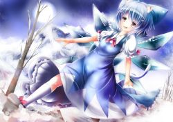Rule 34 | 1girl, animal ears, blue dress, blue hair, bow, cat ears, cat tail, cirno, dress, hair bow, kemonomimi mode, mountain, open mouth, perfect cherry blossom, pink eyes, short hair, snow, solo, tail, touhou, tree, umagenzin, wings